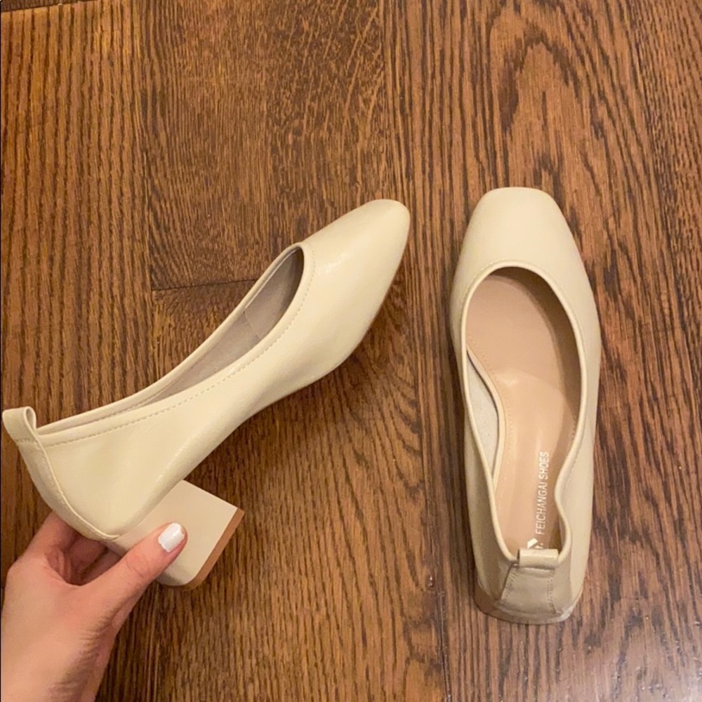 Beige cream round toe block heels